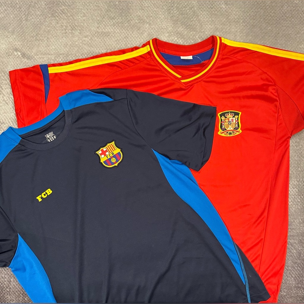 2 tshirts— FCB Barcelona & Spain Soccer Shirts Jerseys - Red Spain and Blue FCB